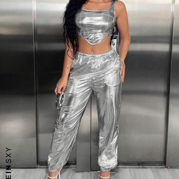 SHEIN SXY Metallic Hanky Hem Cami Top & Pants - Picture 3 of 8